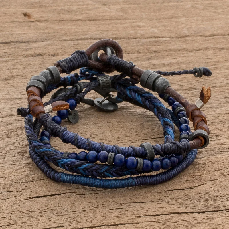 chunky chain bracelet for women -Boho Friends Lapis Lazuli and Leather Bracelets from Guatemala (Set of 4)