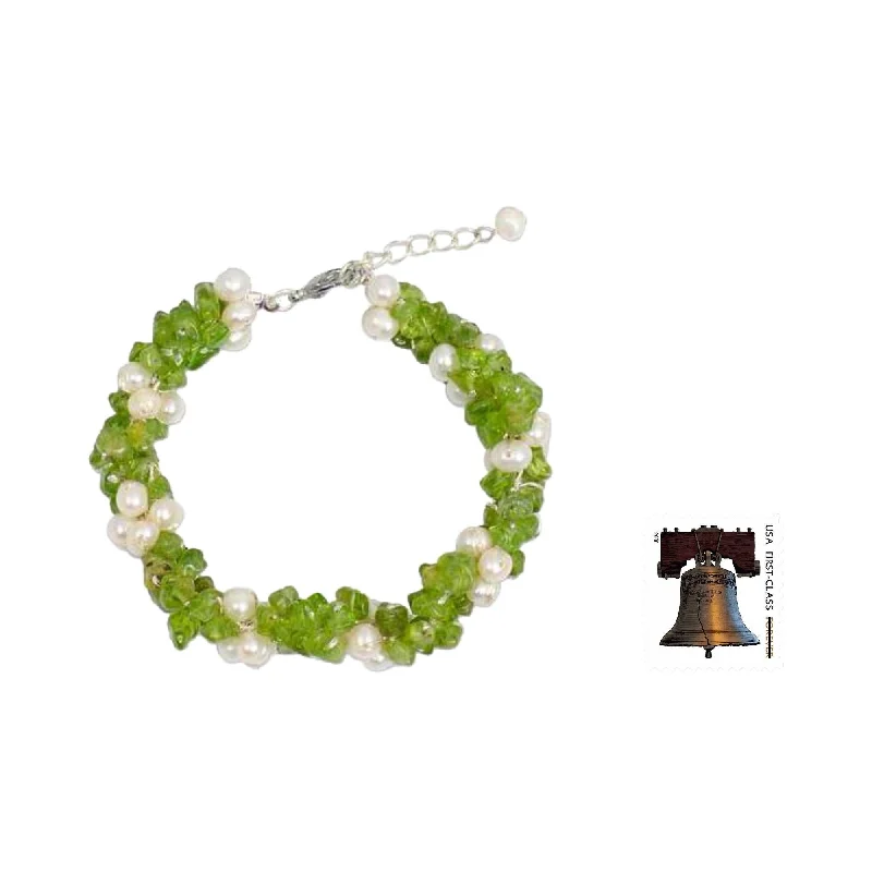 multi-strand bracelet for women -Cultured Pearl and Peridot Beaded Bracelet, Gracious Lady (Thailand)