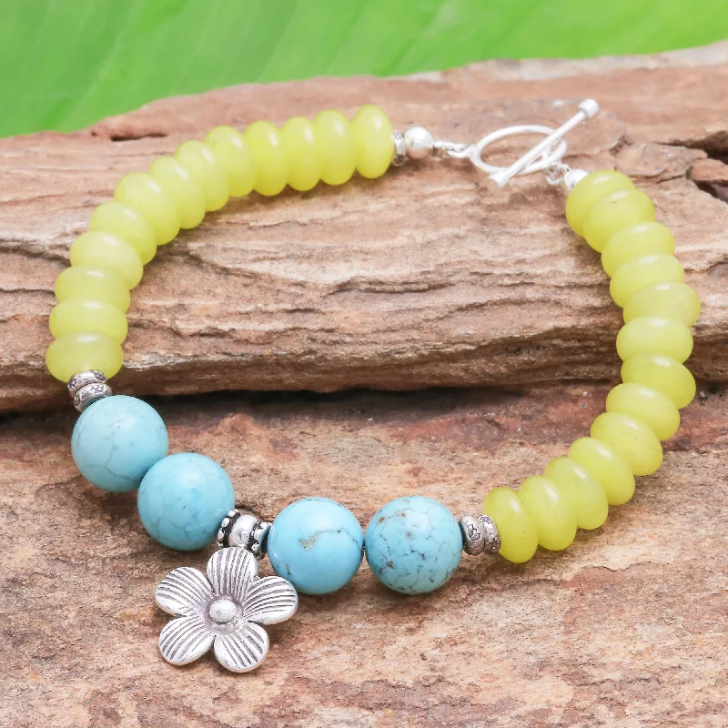 silver chain bracelet for men -Daisy in the Sunshine Yellow Agate Bracelet with Hill Tribe Silver Flower Charm