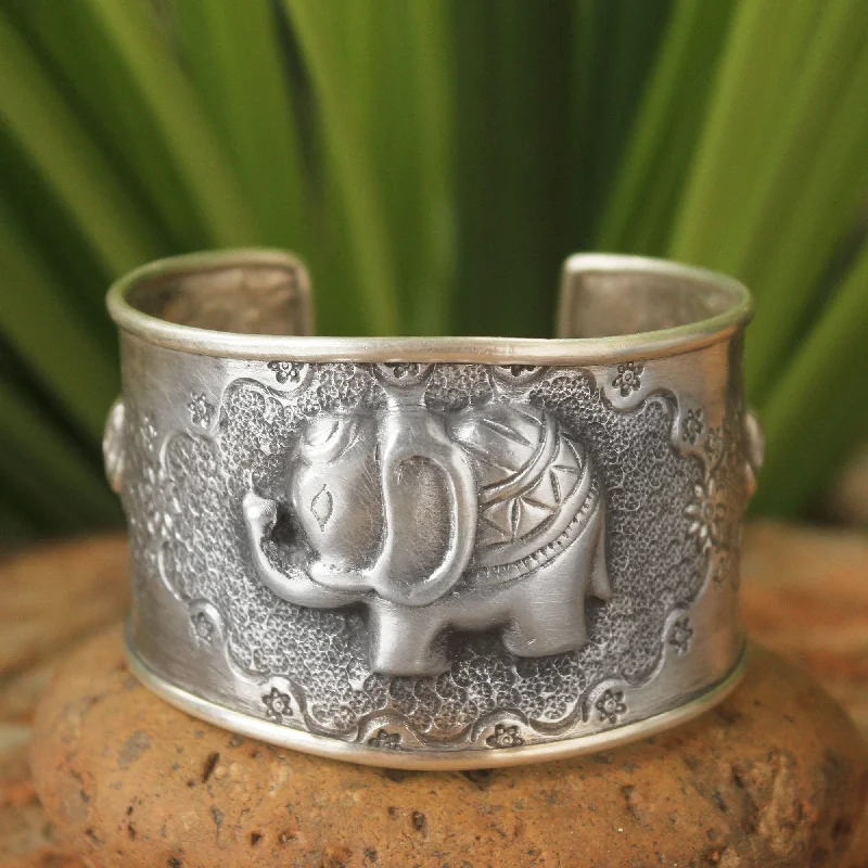 stacked bracelet for women -Elephant Statement Cuff Sterling Silver Bracelet