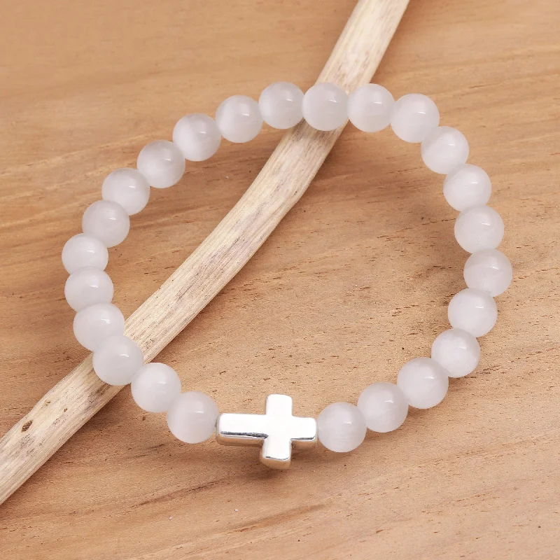 men’s beaded bracelet for casual wear -Faith in White Cross Pendant Beaded Quartz Stretch Bracelet