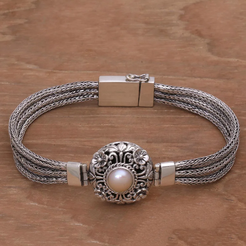 leather braided bracelet for women -Floral Nobility Pearl & Silver Floral Pendant Bracelet