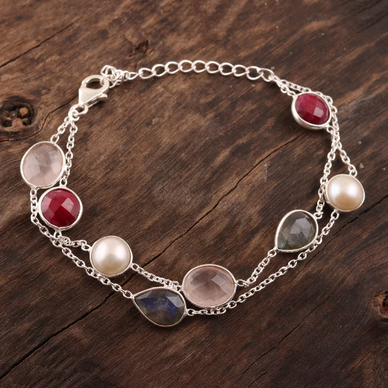 butterfly bracelet for women -Glamorous Glisten Multi-Gemstone Station Strand Bracelet from India