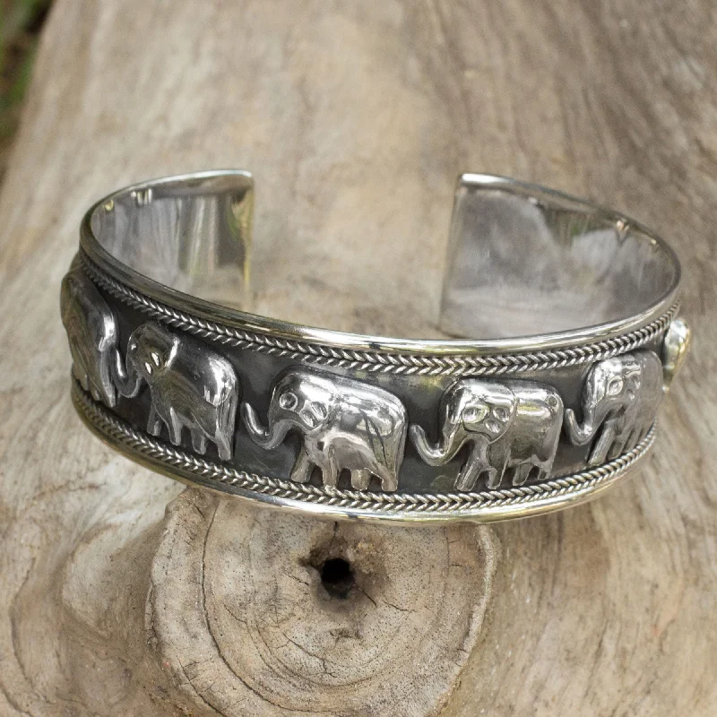 handmade bracelet for women -Grand Elephant Parade Silver Cuff Bracelet