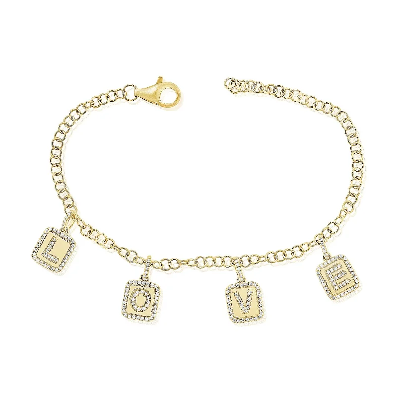 personalized nameplate bracelet for women -Joelle Diamond LOVE Charm Bracelet 14K Gold .40 CT TDW