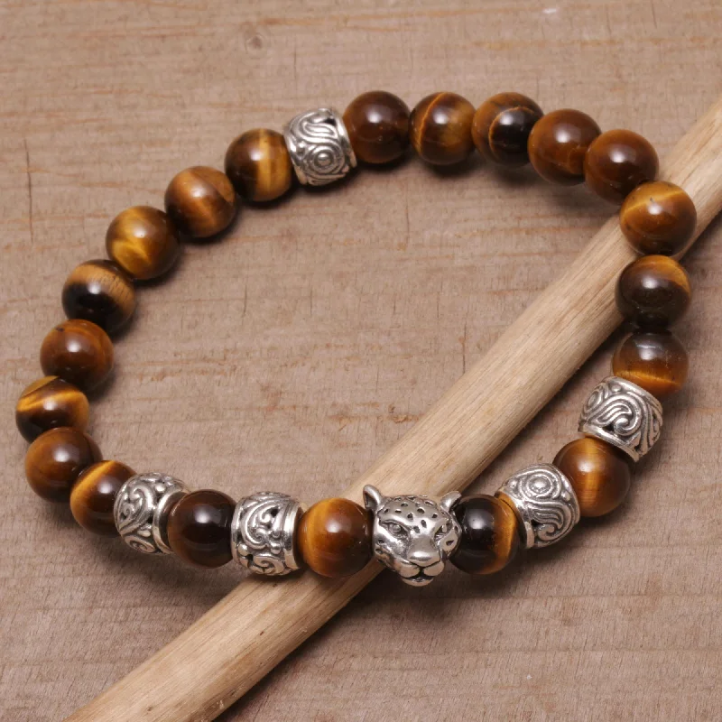 sterling silver bracelet for kids -Leopard Strength Men's Silver & Tiger's Eye Bracelet