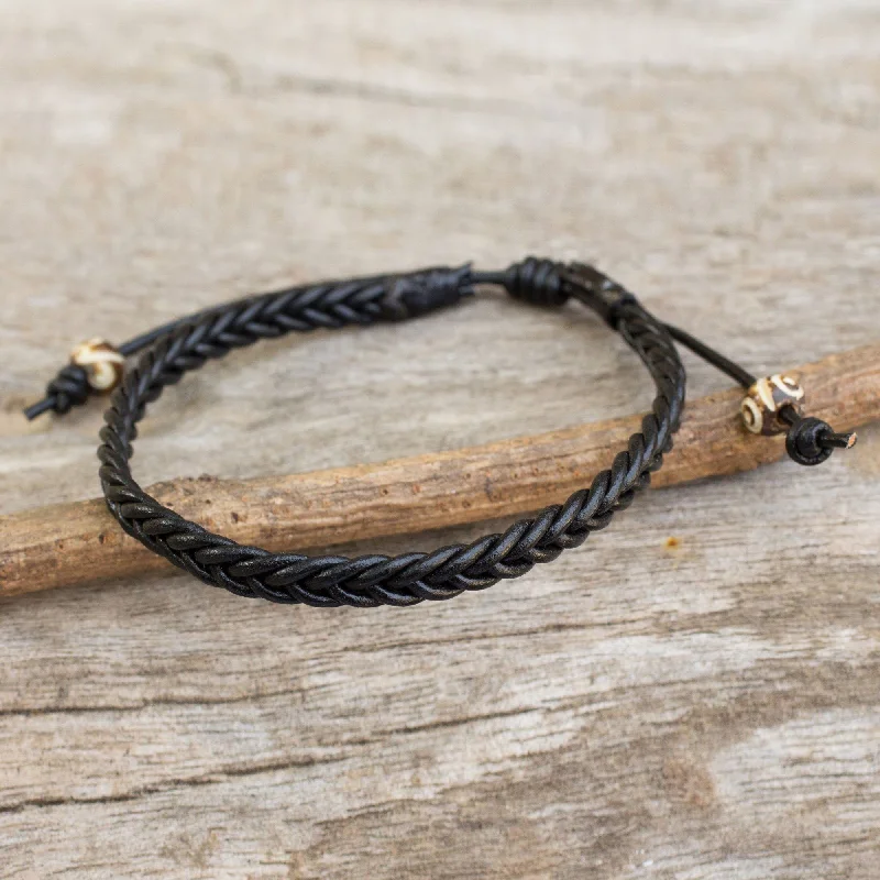 pearl and gold bracelet for brides -Men's Black Leather Braided Bracelet