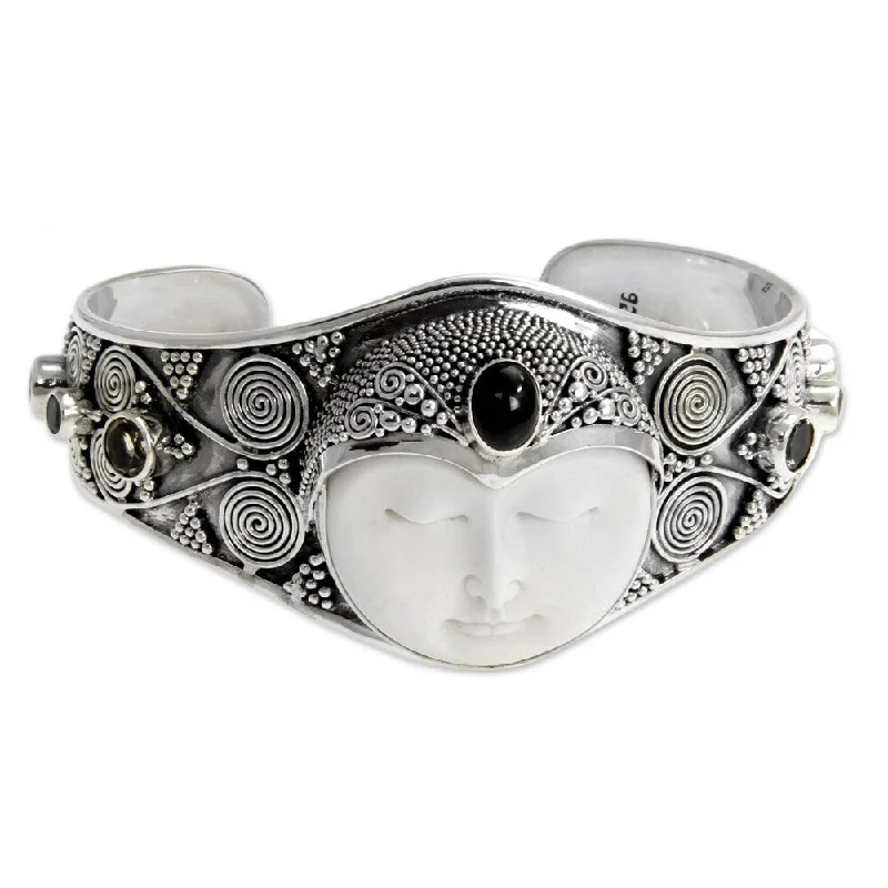 stacking bracelet set for women -NOVICA Handmade Imperial Woman Ornate Carved Bone with Multi Gemstone 925 Sterling Silver Womens Cuff Bracelet (Indonesia)