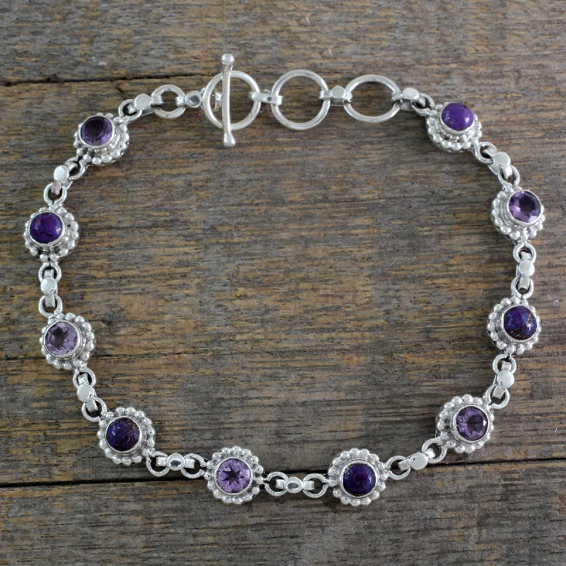 custom charm bracelet for gifts -Petite Flowers Amethyst Sterling Silver and Composite Turquoise Bracelet