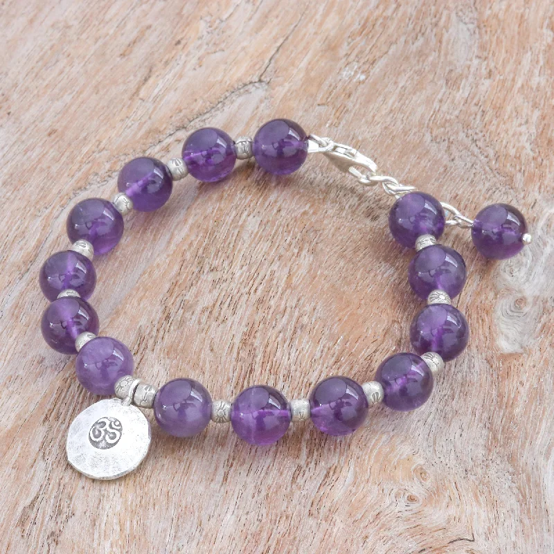 boho style bracelet for women -Planetary Om Karen Silver and Amethyst Beaded Bracelet from Thailand