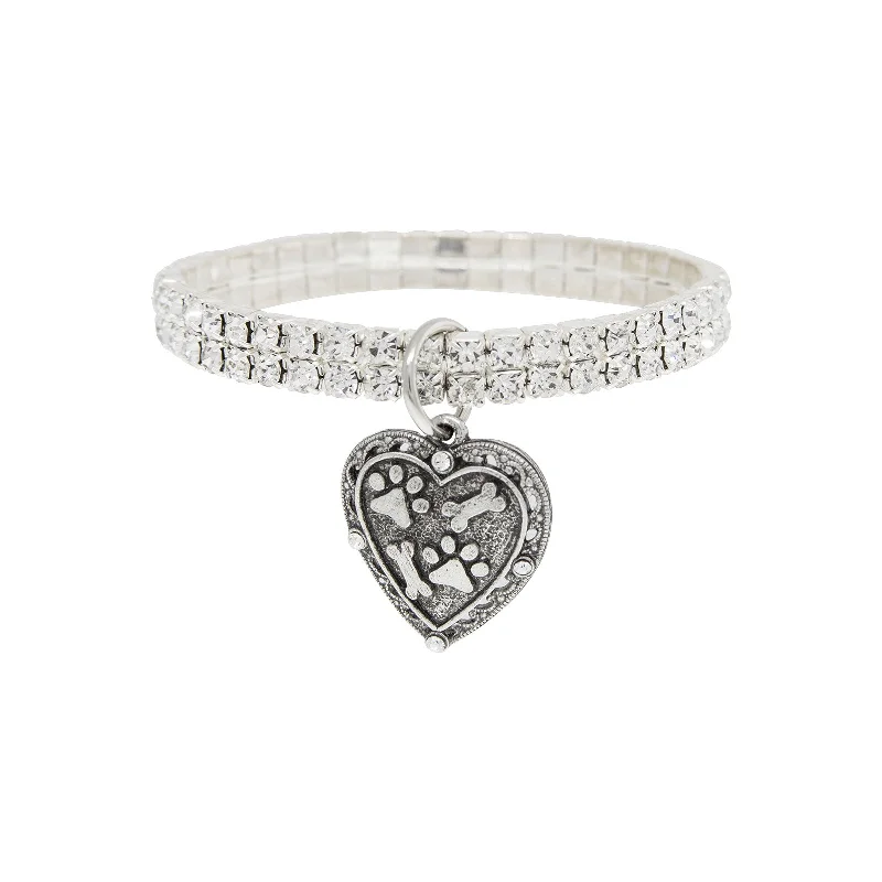 friendship bracelets for women -1928 Jewelry® Silvertone Two Row Crystal Stretch Bracelet With Paw And Bones Heart Charm