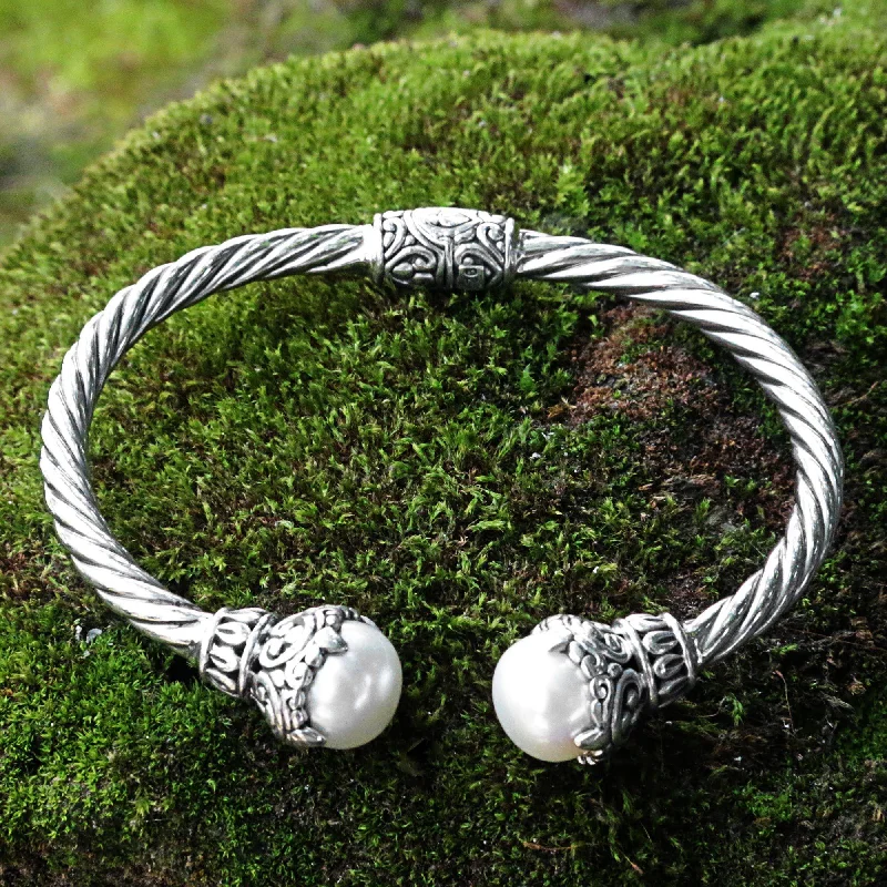 heart-shaped bracelet for women -Sterling Silver Rope & Pearl Cuff Bracelet