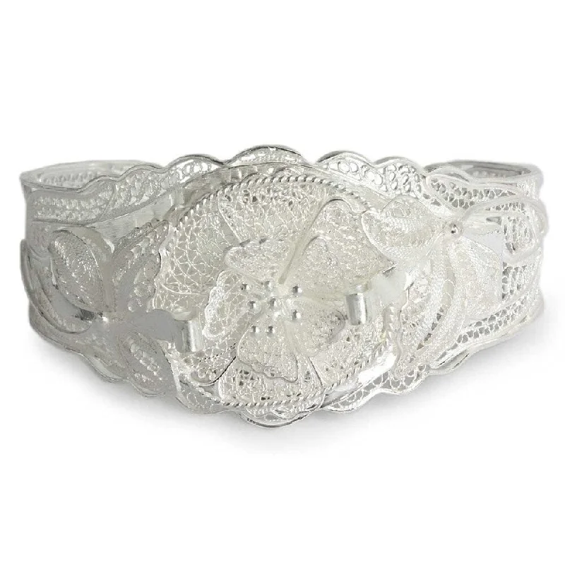 leather bracelet for men -Wild Rose Romantic Lace Like Feminine Flower Theme Vintage Look 925 Sterling Silver Filigree Womens Cuff Bracelet (Indonesia)