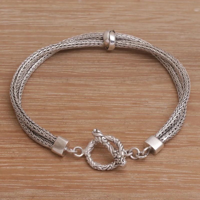 custom leather bracelet for men -Without End Sterling Silver Double Strand Chain Bracelet from Bali