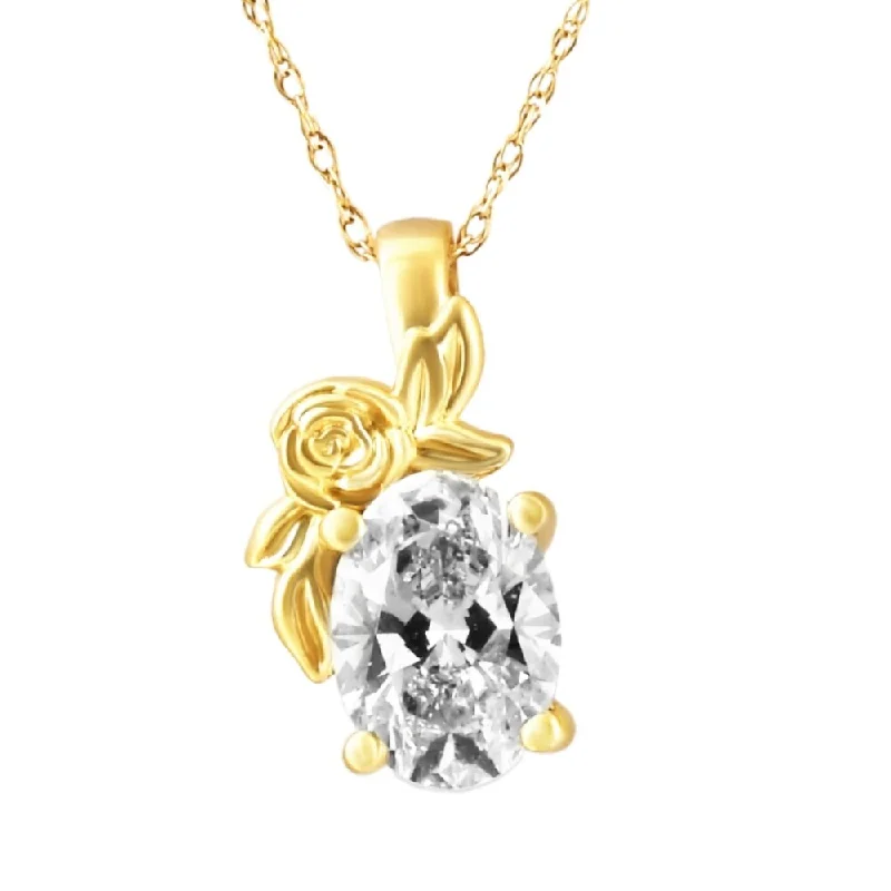 custom engraved necklace for gifts -1 Ct Oval Diamond Solitaire Pendant Lab Grown Floral Yellow Gold Necklace