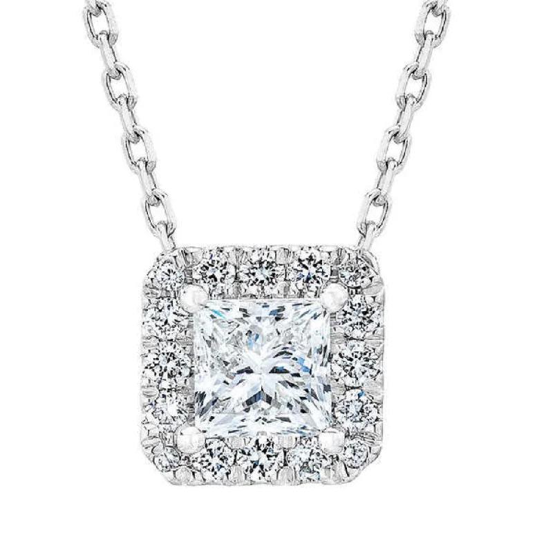 casual pendant necklace for men -1Ct TW Princess Cut Halo Diamond Pendant Women's Necklace 18" Lab Grown