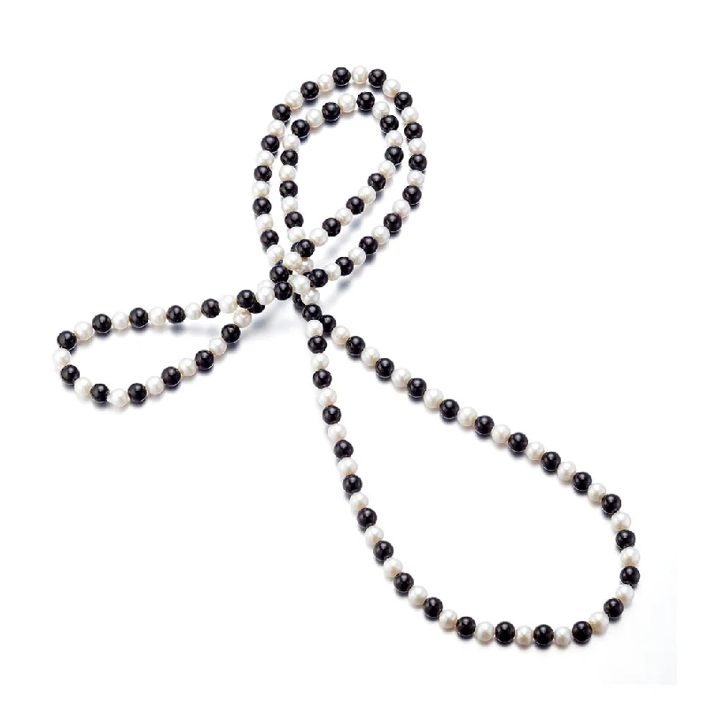 simple heart necklace for women -6mm Black Nephrite Jade & White Pearl Rope Necklace