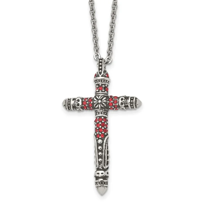 silver heart pendant necklace for mothers -Curata Stainless Steel Antiqued and Polished With Red Crystal Religious Faith Cross Pendant Necklace 22 Inch Jewelry Gifts for W