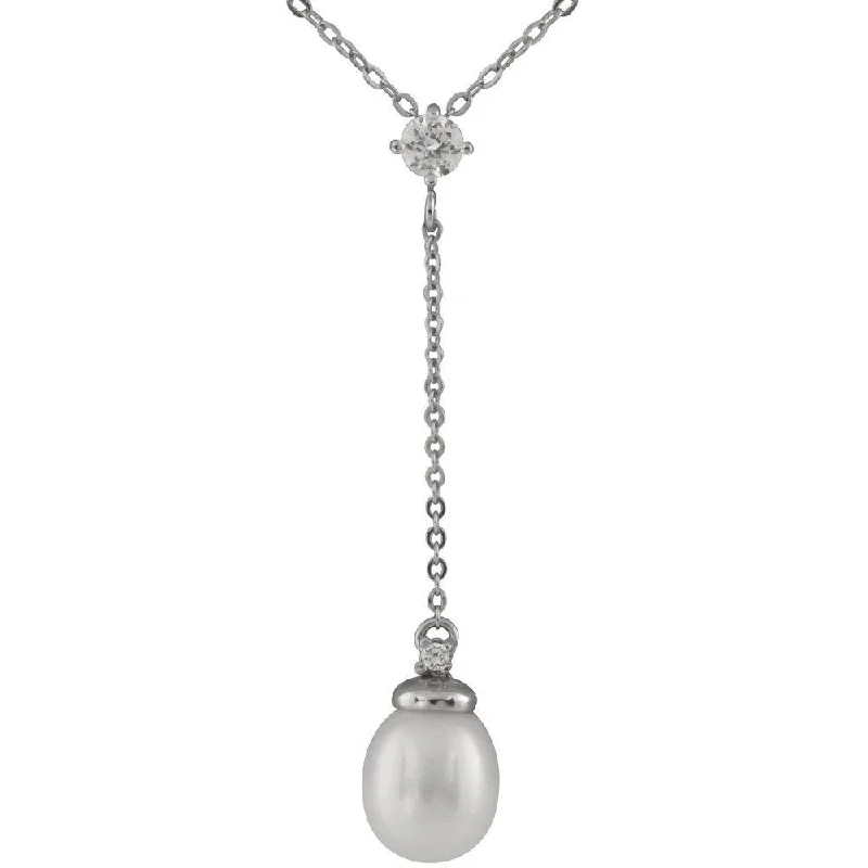 gothic style necklace for men -Dangling Sterling Silver CZ & Freshwater Pearl Pendant - White