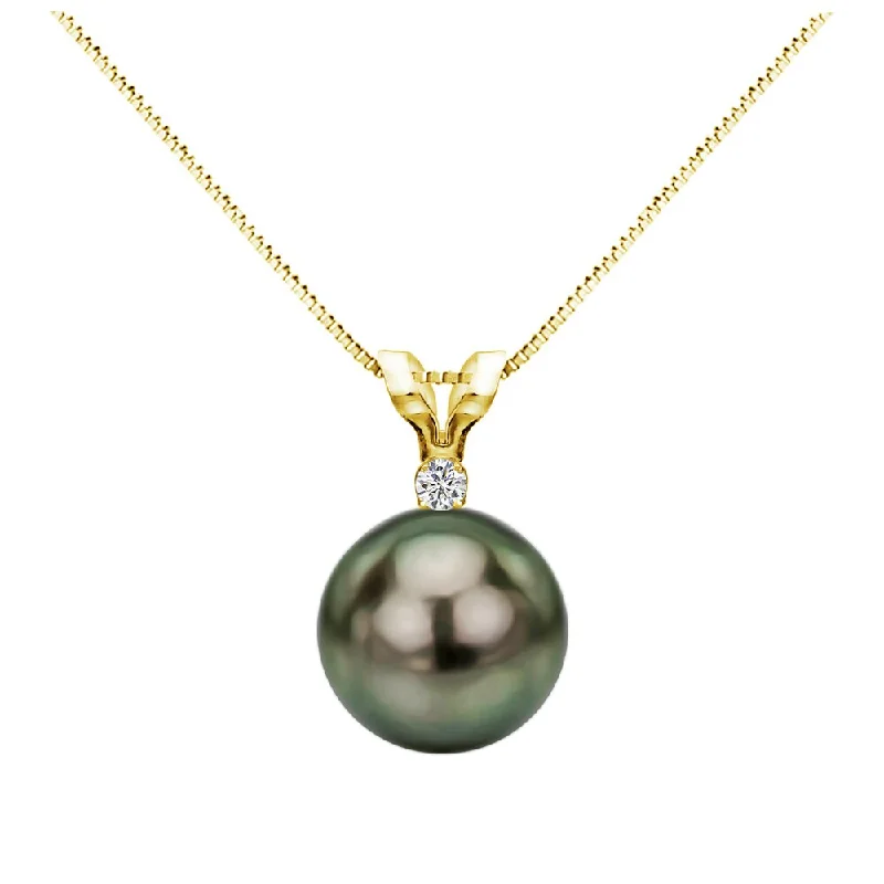 crystal pendant necklace for special events -DaVonna 14k Gold 1/20 Diamond AAA 9-9.5 mm Round Black Tahitian South Sea Pearl Pendant, 18-inch