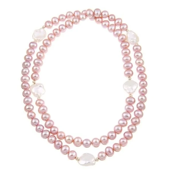 unique necklace for fashionistas -DaVonna 14k Gold Pink and White Freshwater Pearl 28-inch Endless Necklace (11-14 mm)