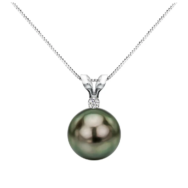 sapphire necklace for women -DaVonna 14k White Gold 1/20 Diamond AAA 9-9.5 mm Round Black Tahitian South Sea Pearl Pendant Necklace, 18-inch