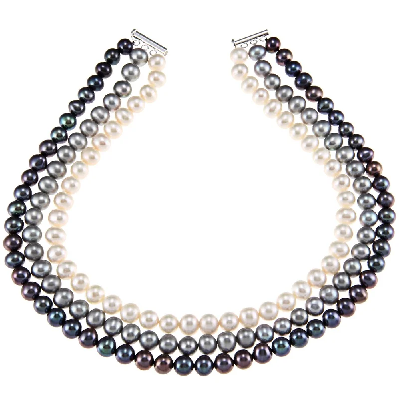 pearl and diamond necklace for brides -DaVonna Silver White 9-10 mm Grey and Black Freshwater Pearl 3-stand Necklace