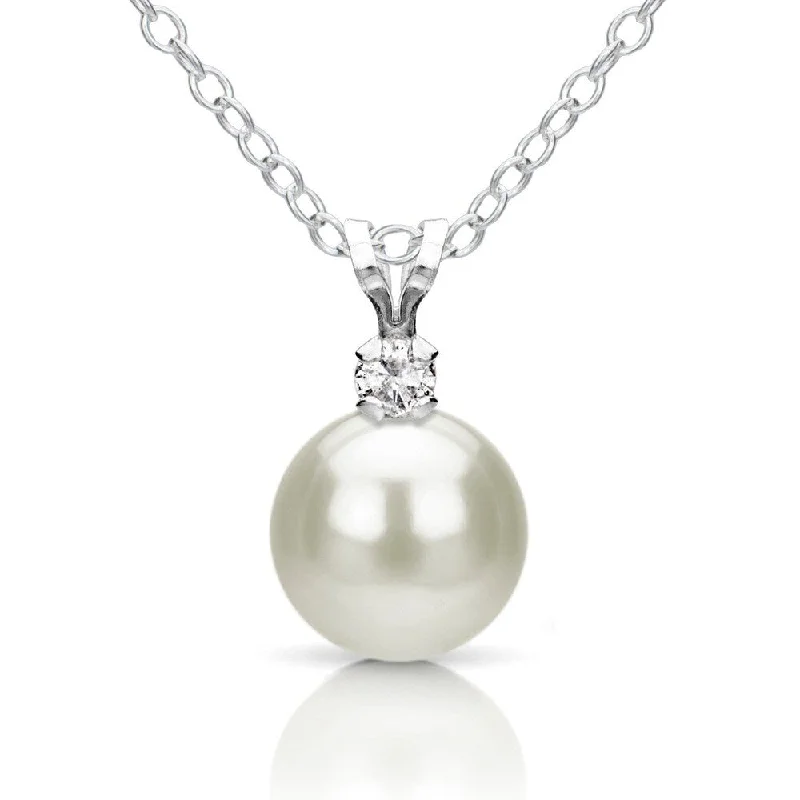 sterling silver necklace for men -DaVonna Sterling Silver 8.9 mm White Freshwater Pearl and Diamond Pendant Necklace 18"