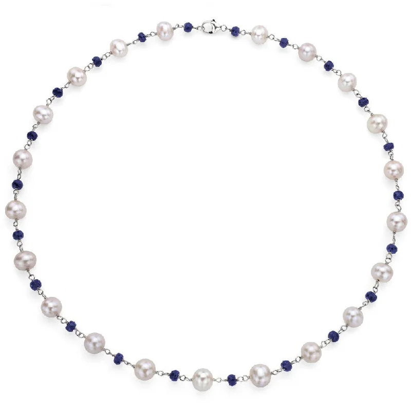 pearl and diamond necklace for brides -DaVonna Sterling Silver Freshwater Pearl and Sapphire Necklace (8-8.5 mm)