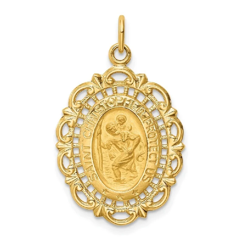 wedding necklace for brides -Diamond2Deal 14K Yellow Gold Solid Polished/Satin Medium Fancy Pierced Oval St. Christopher Medal