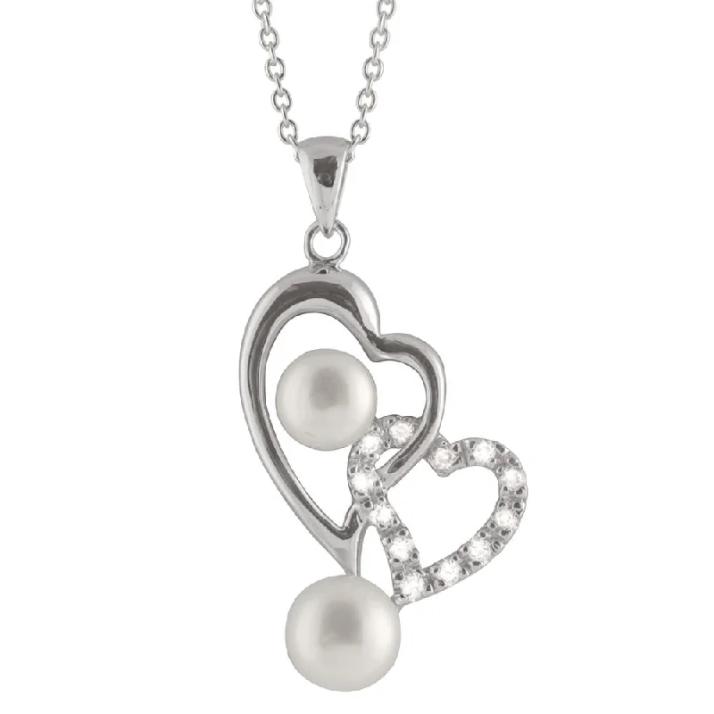 charm necklace for women -Double Heart Dangling Sterling Silver Pearl Pendant - White