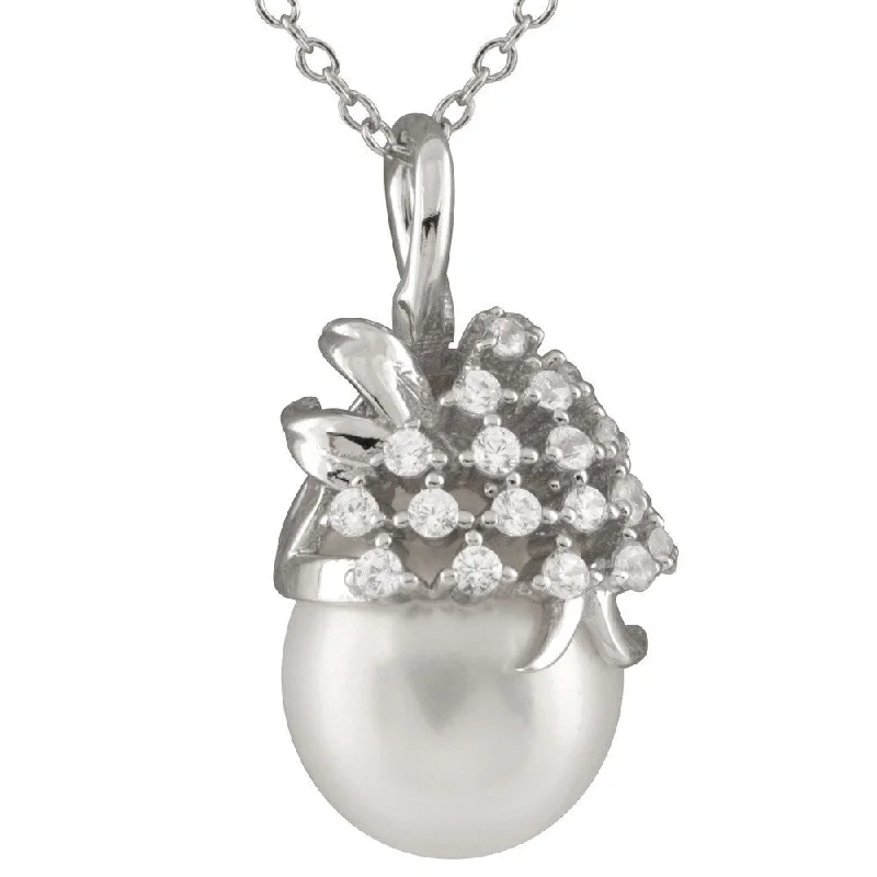 antique style necklace for women -Fancy Cubic Zirconia Pearl Drop Pendant - White