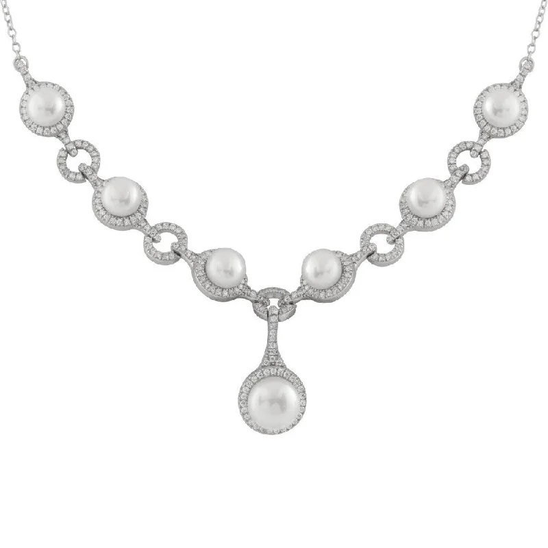 vintage style necklace for weddings -Fancy Micropave Halo Sterling Silver CZ Pearl Necklace - White