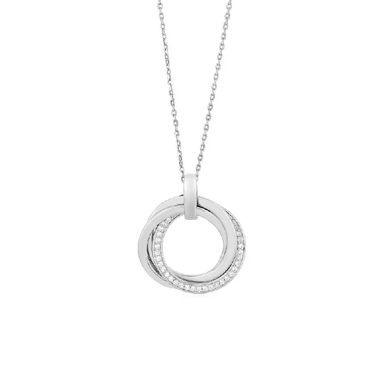 fashion statement necklace for women -Interlocking Rings Pendant with Cubic Zirconia in Sterling Silver