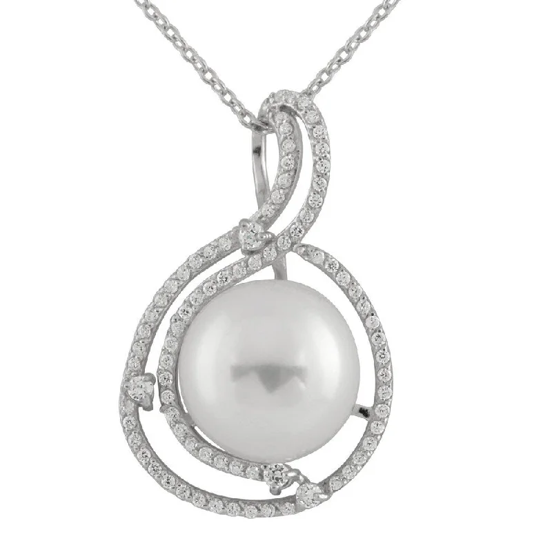 heart shaped pendant necklace for gifts -Large Sterling Silver Button Pearl Cubic Zirconia Pendant - White