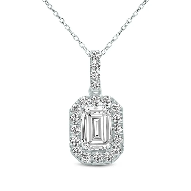 rose gold necklace for women -Marquee 1.50 Carat TW Emerald Cut Halo Lab Grown Diamond Pendant in 14K White Gold