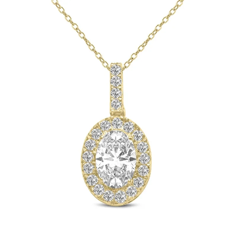 custom birthstone necklace for her -Marquee 1.50 Carat TW Oval Shape Halo Lab Grown Diamond Pendant in 14K Yellow Gold