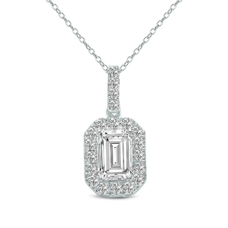 classic gold necklace for women -Marquee 1 Carat TW Emerald Cut Halo Lab Grown Diamond Pendant in 14K White Gold