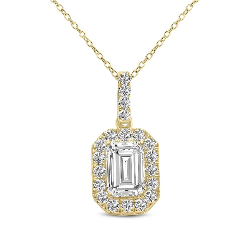 custom charm necklace for mothers -Marquee 1 Carat TW Emerald Cut Halo Lab Grown Diamond Pendant in 14K Yellow Gold