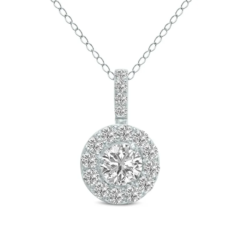 pearl and diamond necklace for brides -Marquee 1 Carat TW Halo Lab Grown Diamond Pendant in 14K White Gold