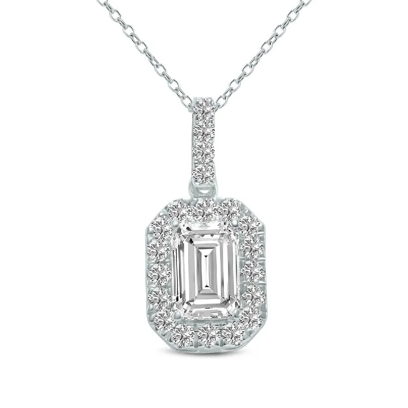 modern pendant necklace for women -Marquee 2 Carat TW Emerald Cut Halo Lab Grown Diamond Pendant in 14K White Gold