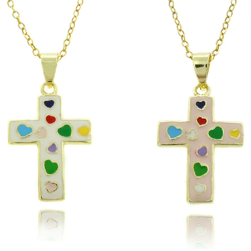 personalized name necklace for women -Molly and Emma 18k Gold Overlay Children's Multi-colored Heart Cross Necklace