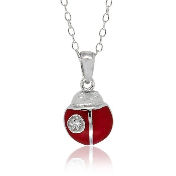 charm necklace for women -Molly and Emma Silver Children's CZ and Red Enamel Ladybug Necklace