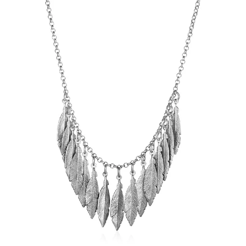 boho style necklace for summer -Necklace with Multiple Textured Leaf Drops in Sterling Silver