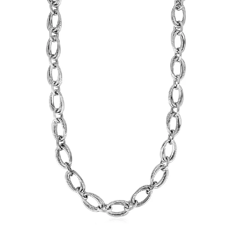 vintage gold necklace for women -Polished and Textured Oval Link Necklace in Sterling Silver