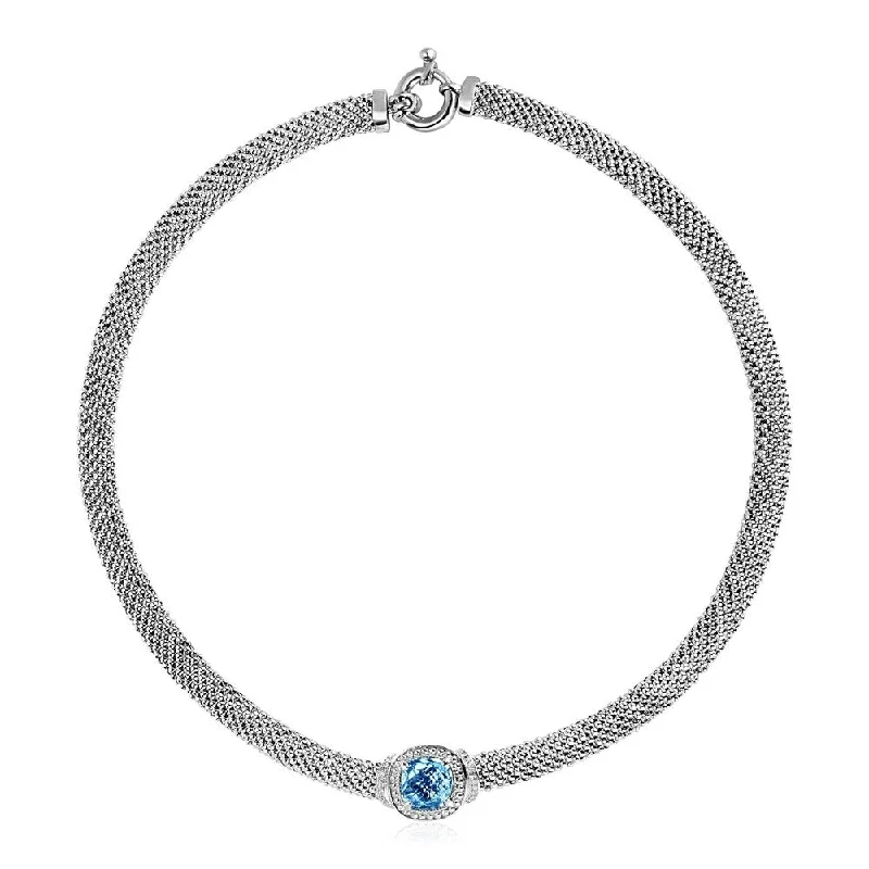 fashion statement necklace for women -Popcorn Texture Necklace with Blue Topaz and Diamonds in Sterling Silver