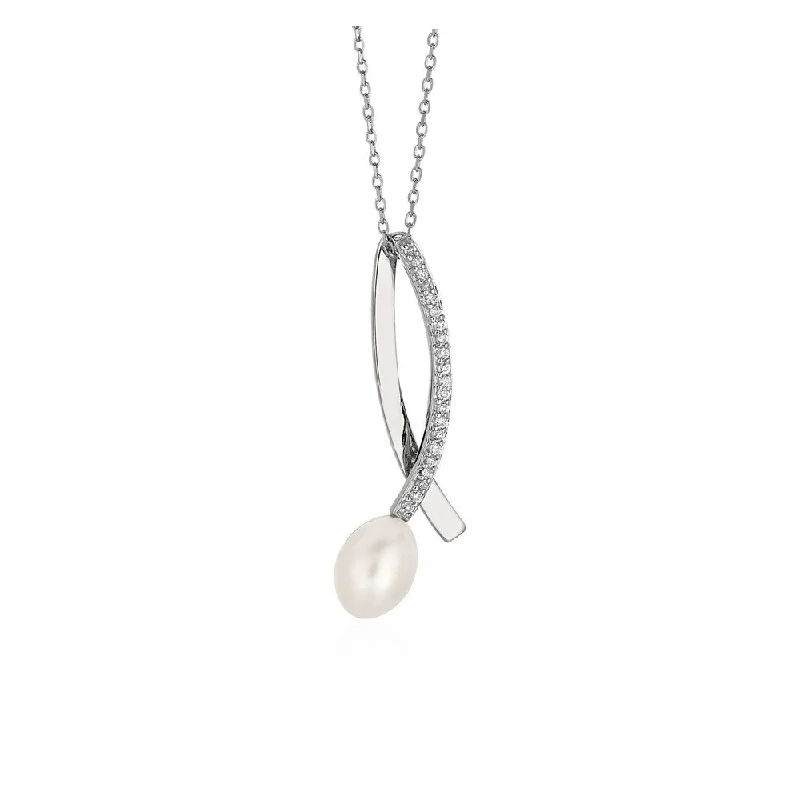 chunky gold necklace for fashion lovers -Shiny Twist Pendant with Freshwater Pearl and Cubic Zirconia in Sterling Silver