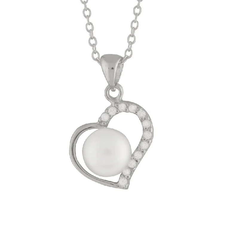 blue topaz necklace for special occasions -Silver Pearl Cubic Zirconia Heart-shaped Pendant - White