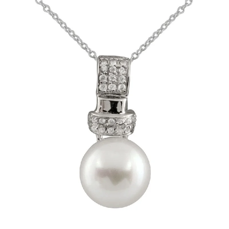 infinity necklace for couples -Sterling Silver Cubic Zirconia and Button Pearl Pendant - White