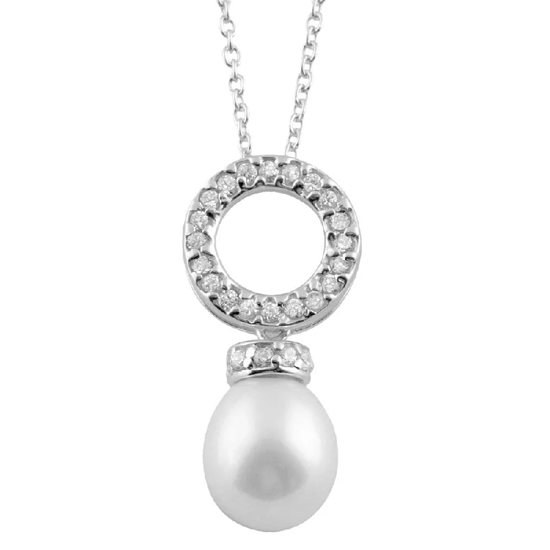 layered necklace set for women -Sterling Silver Cubic Zirconia and Freshwater Pearl Dangling Pendant - White